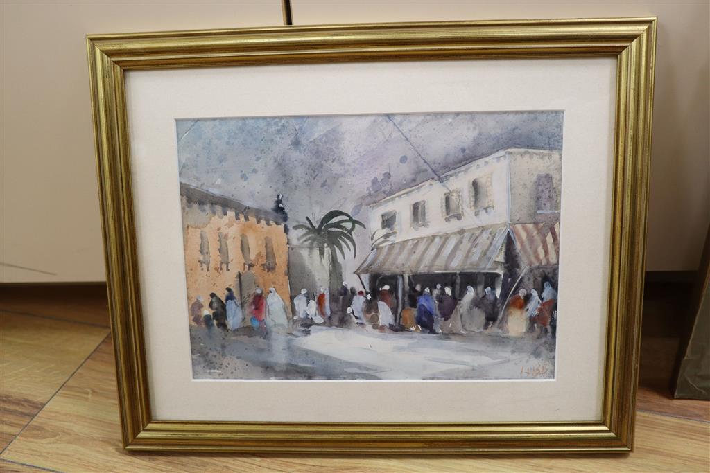 Hercules Brabazon Brabazon (1821-1906), gouache and watercolour, North African market scene, initialled, 19 x 27cm